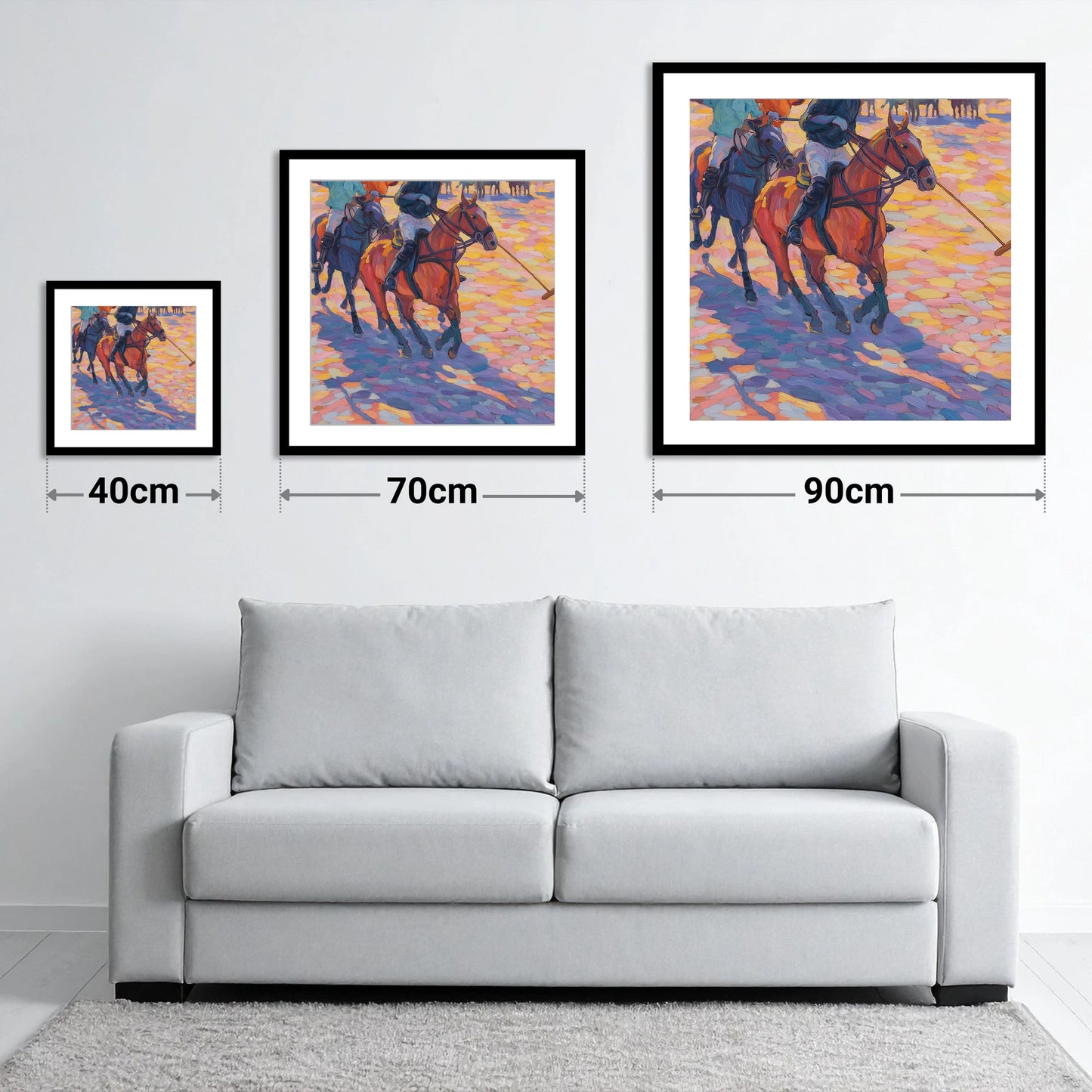 Sunset Chukka Shadows - size guide showing 40cm, 70cm and 90cm art prints