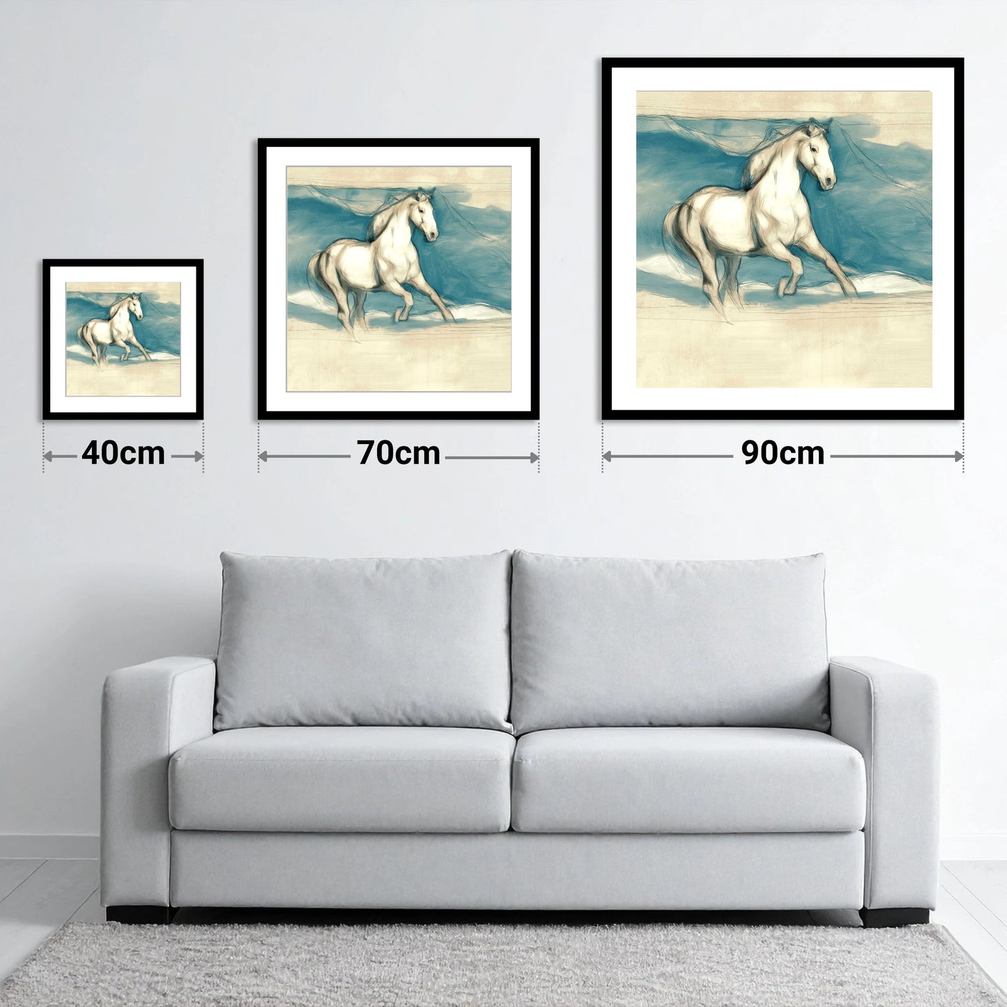 Ethereal Grey Canter - size guide showing 40cm, 70cm and 90cm art prints