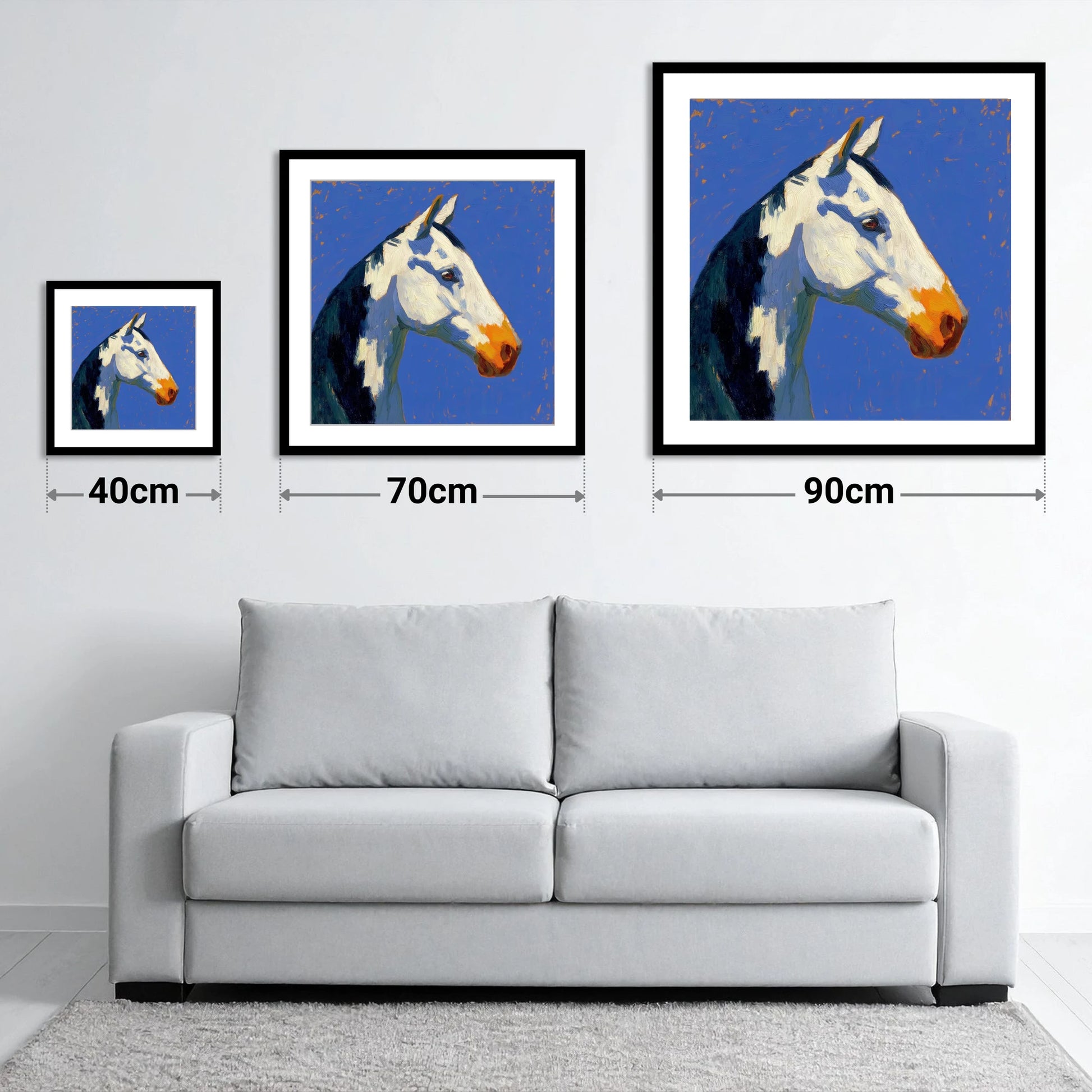 Vibrant Painted Profile - size guide showing 40cm, 70cm and 90cm art prints