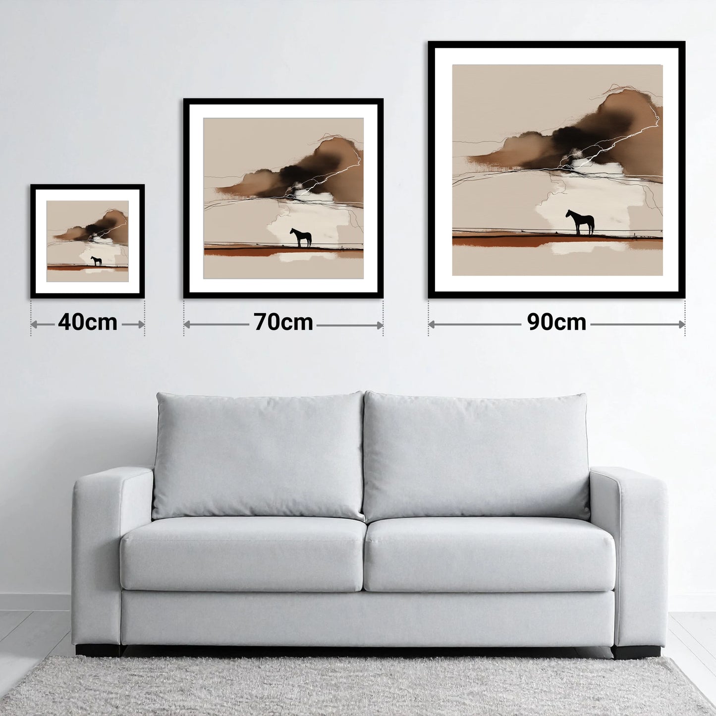 Distant Thunder - size guide showing 40cm, 70cm and 90cm art prints