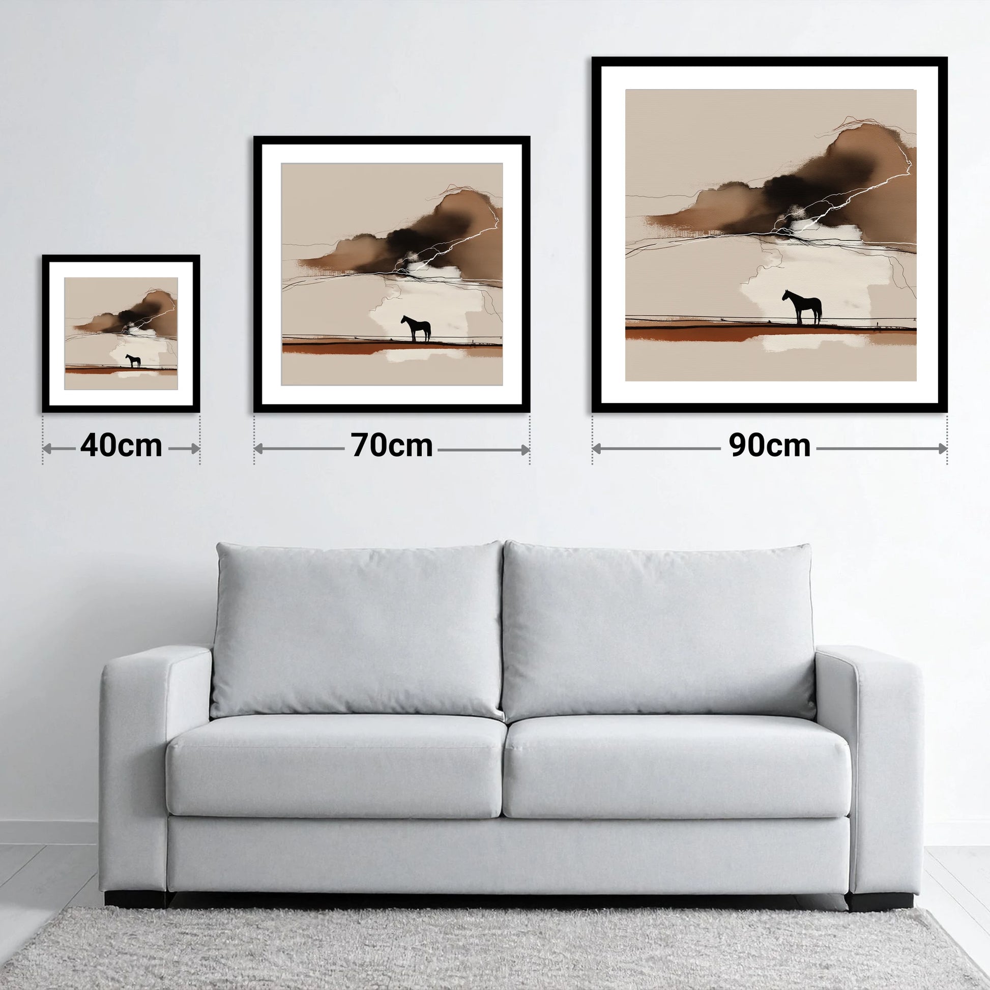 Distant Thunder - size guide showing 40cm, 70cm and 90cm art prints