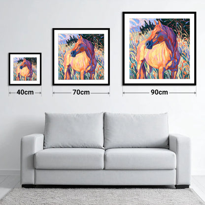Vibrant Horse in Tall Grass - size guide showing 40cm, 70cm and 90cm art prints