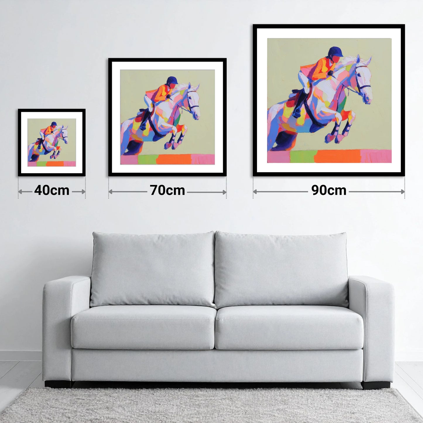 Technicolour Flight - size guide showing 40cm, 70cm and 90cm art prints