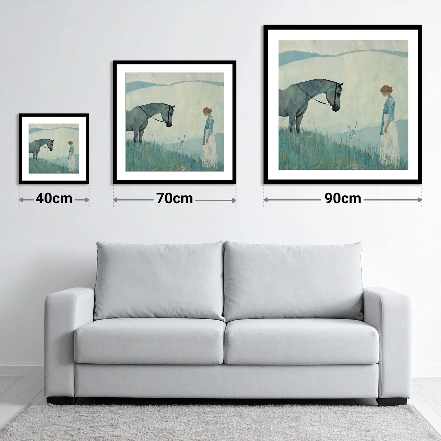 Gentle Regard - size guide showing 40cm, 70cm and 90cm art prints