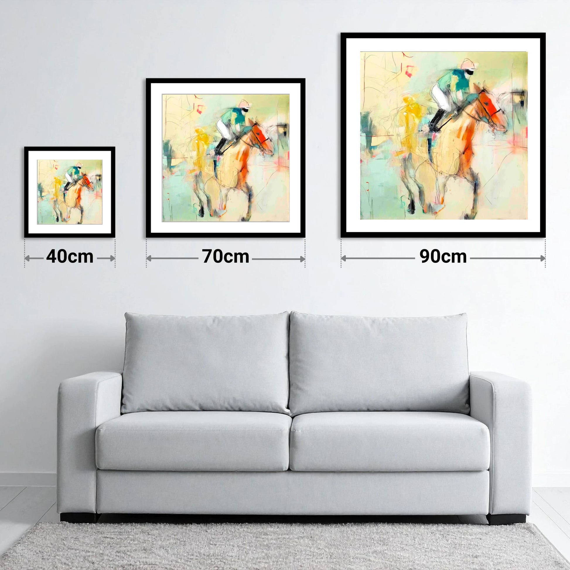 The Fleeting Stride - size guide showing 40cm, 70cm and 90cm art prints