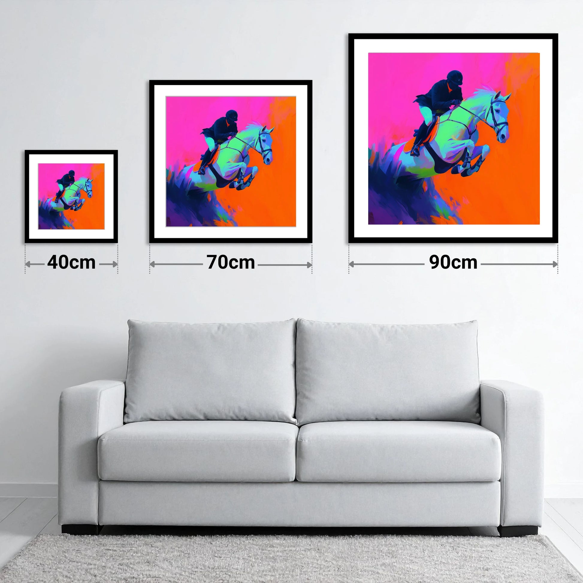 Electric Flight - size guide showing 40cm, 70cm and 90cm art prints