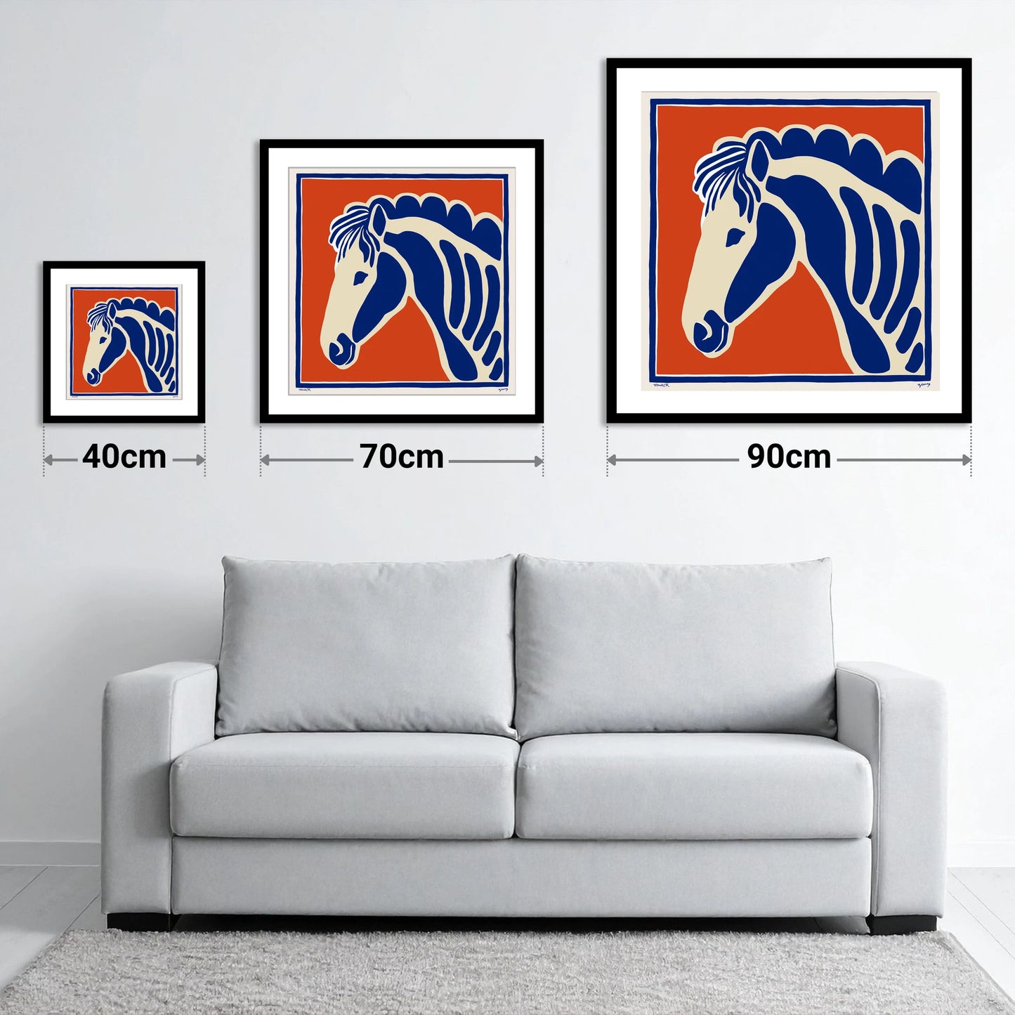 Cobalt Equine Profile - size guide showing 40cm, 70cm and 90cm art prints