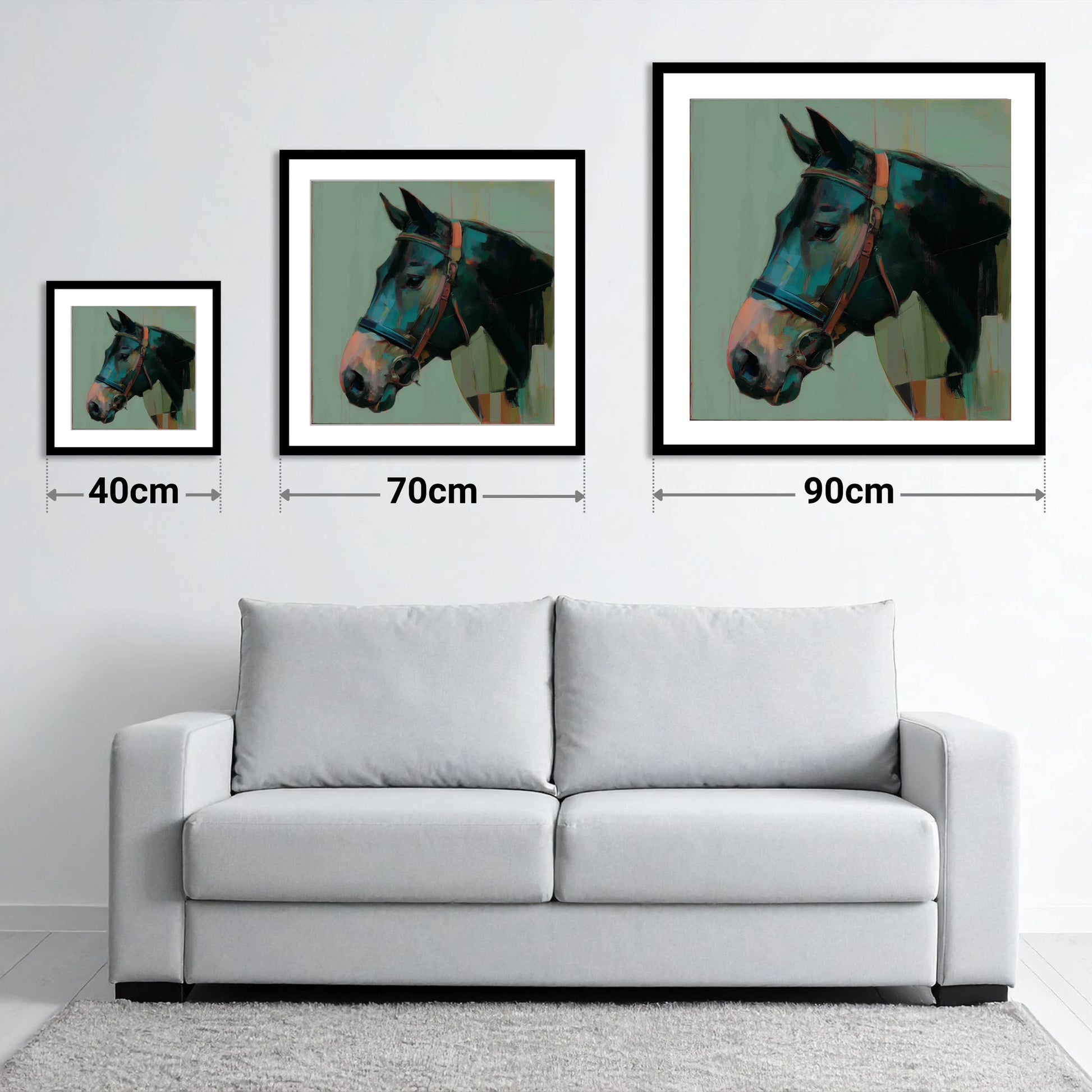 The Midnight Bridle - size guide showing 40cm, 70cm and 90cm art prints