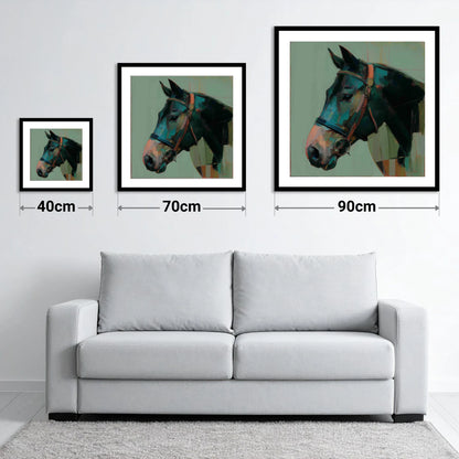 The Midnight Bridle - size guide showing 40cm, 70cm and 90cm art prints