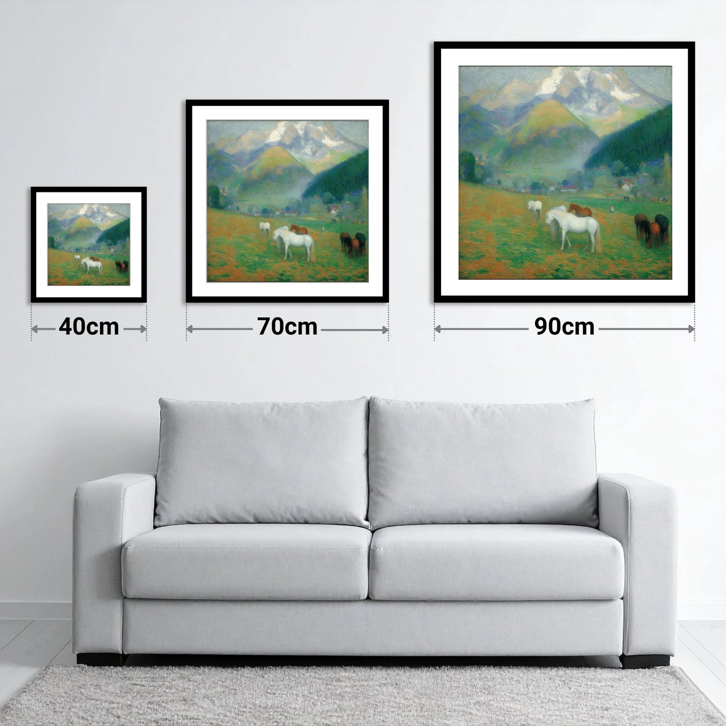 Luminous Mountain Pastures - size guide showing 40cm, 70cm and 90cm art prints
