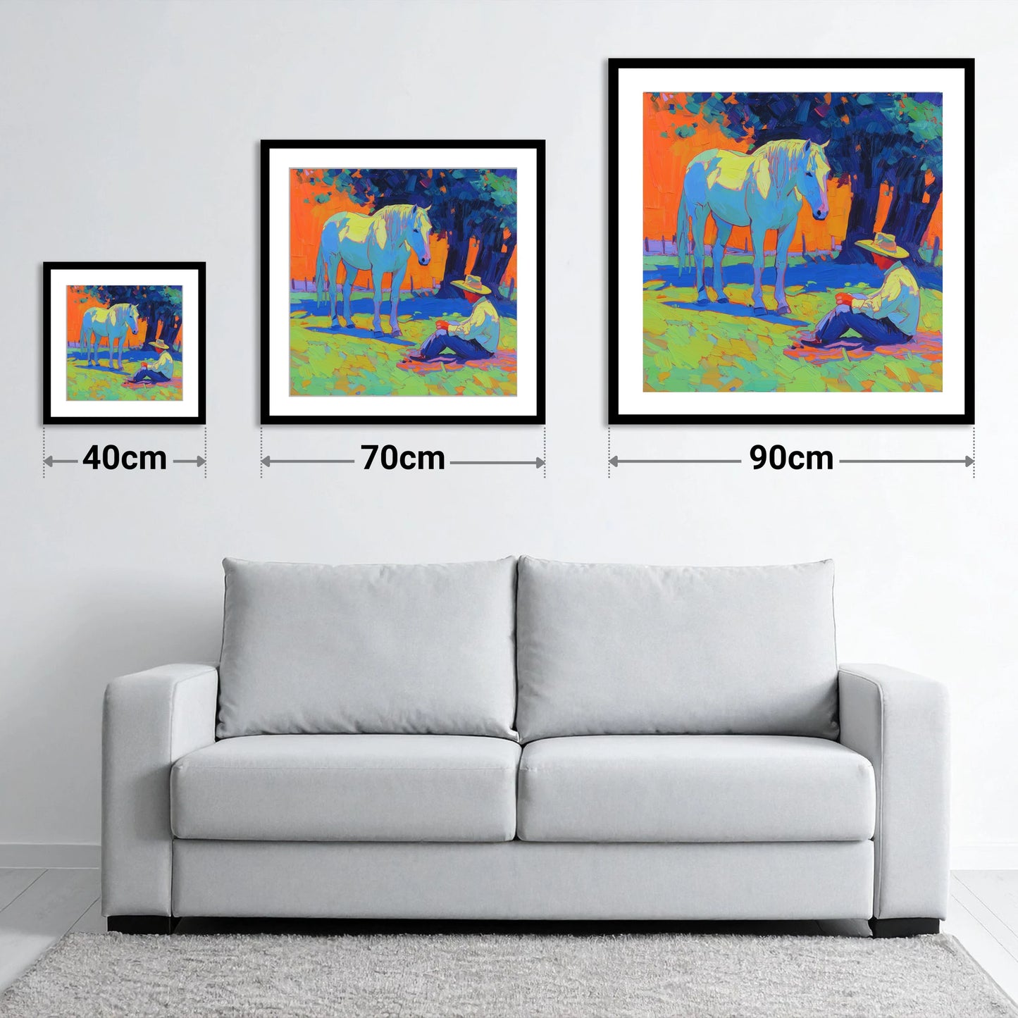 Vibrant Sunset Companion - size guide showing 40cm, 70cm and 90cm art prints