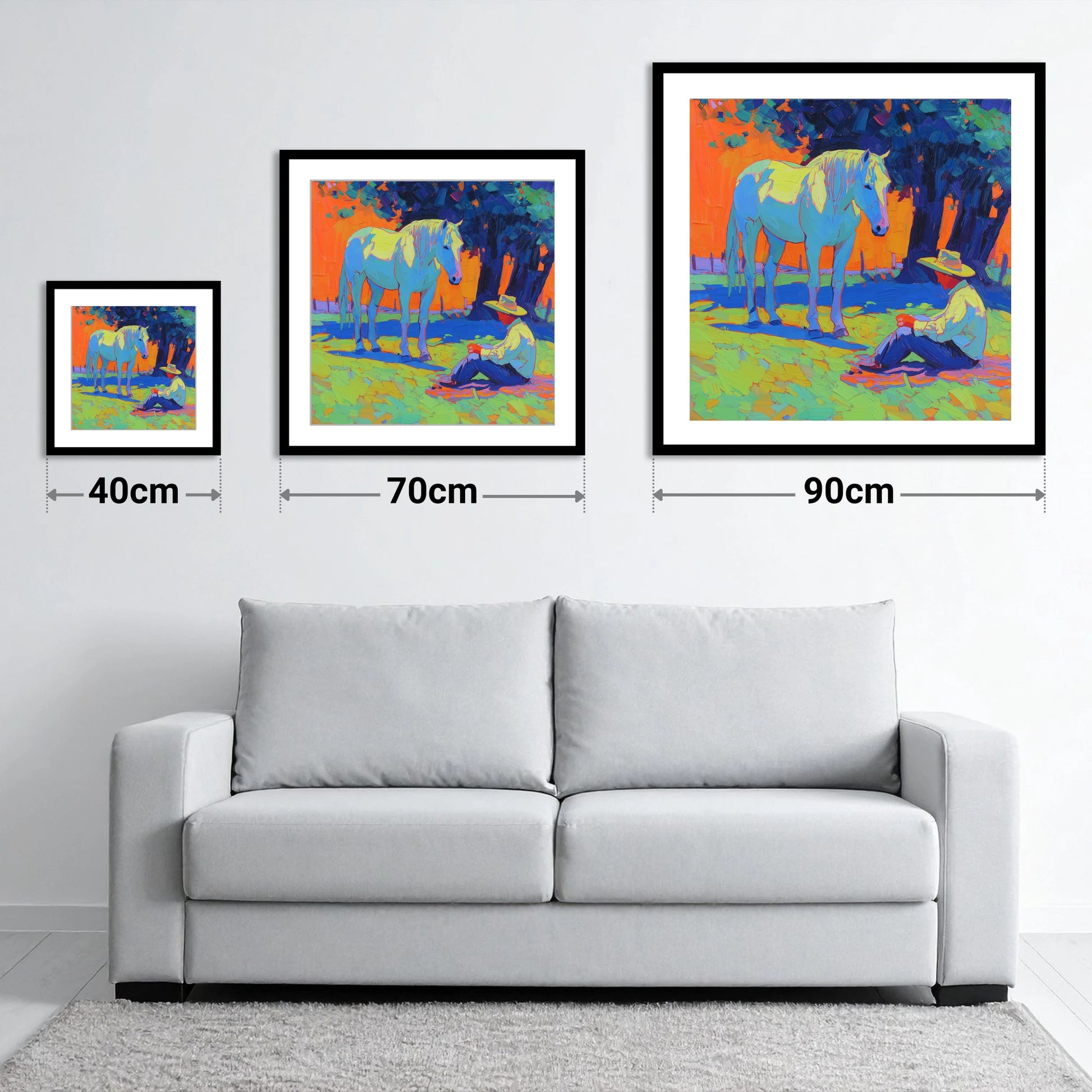 Vibrant Sunset Companion - size guide showing 40cm, 70cm and 90cm art prints