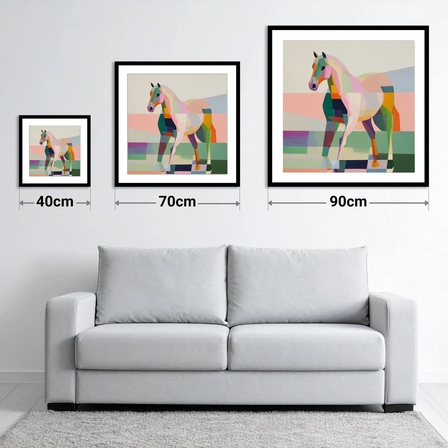 Vibrant Equine Geometry - size guide showing 40cm, 70cm and 90cm art prints