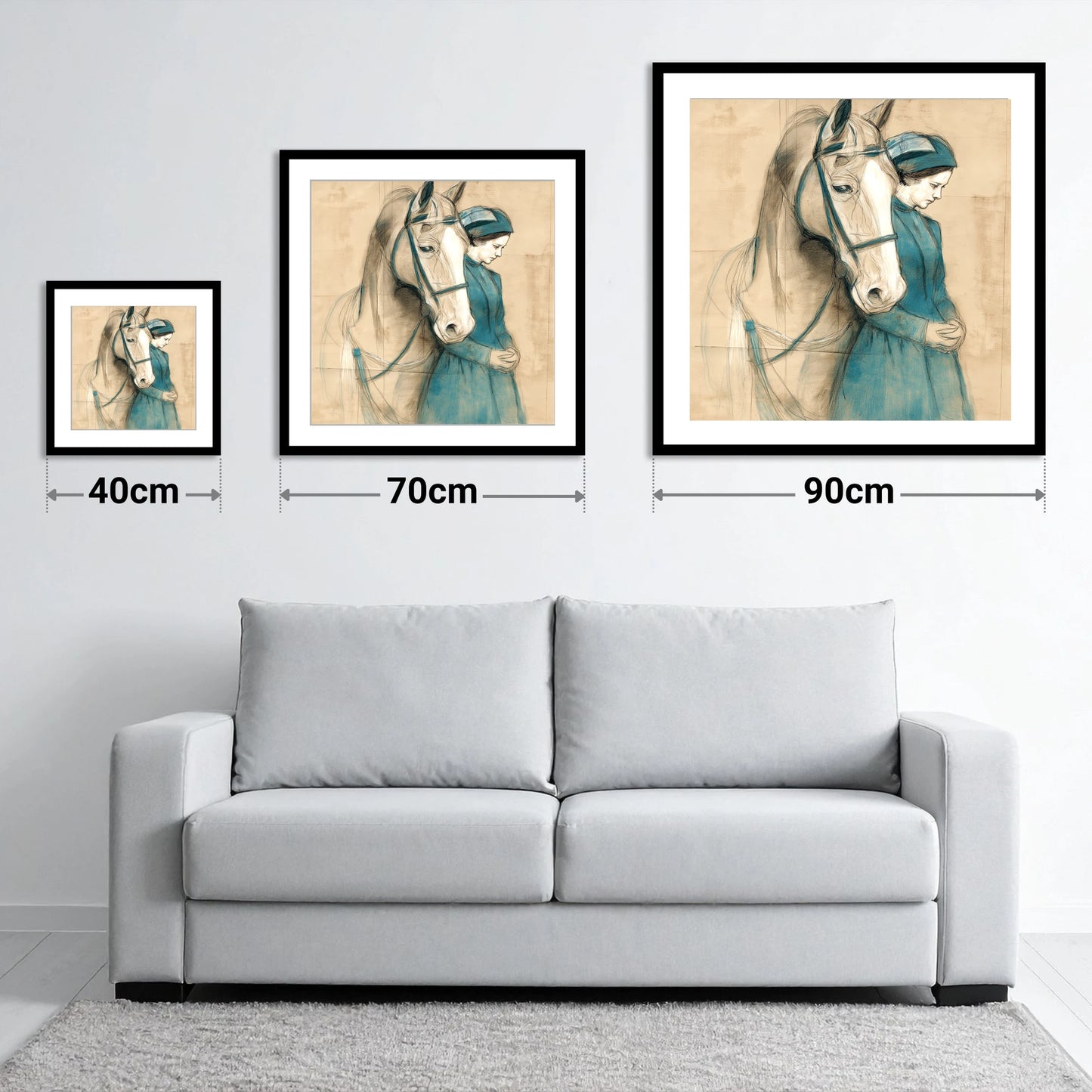 Silent Bond - size guide showing 40cm, 70cm and 90cm art prints