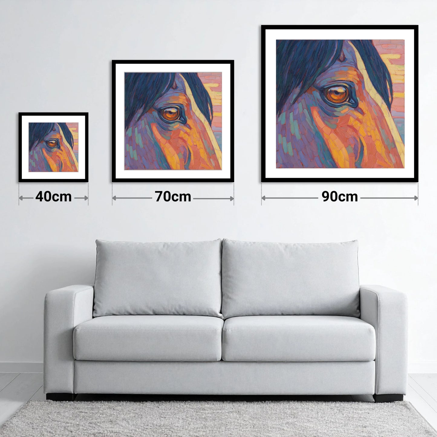 The Vivid Gaze - size guide showing 40cm, 70cm and 90cm art prints