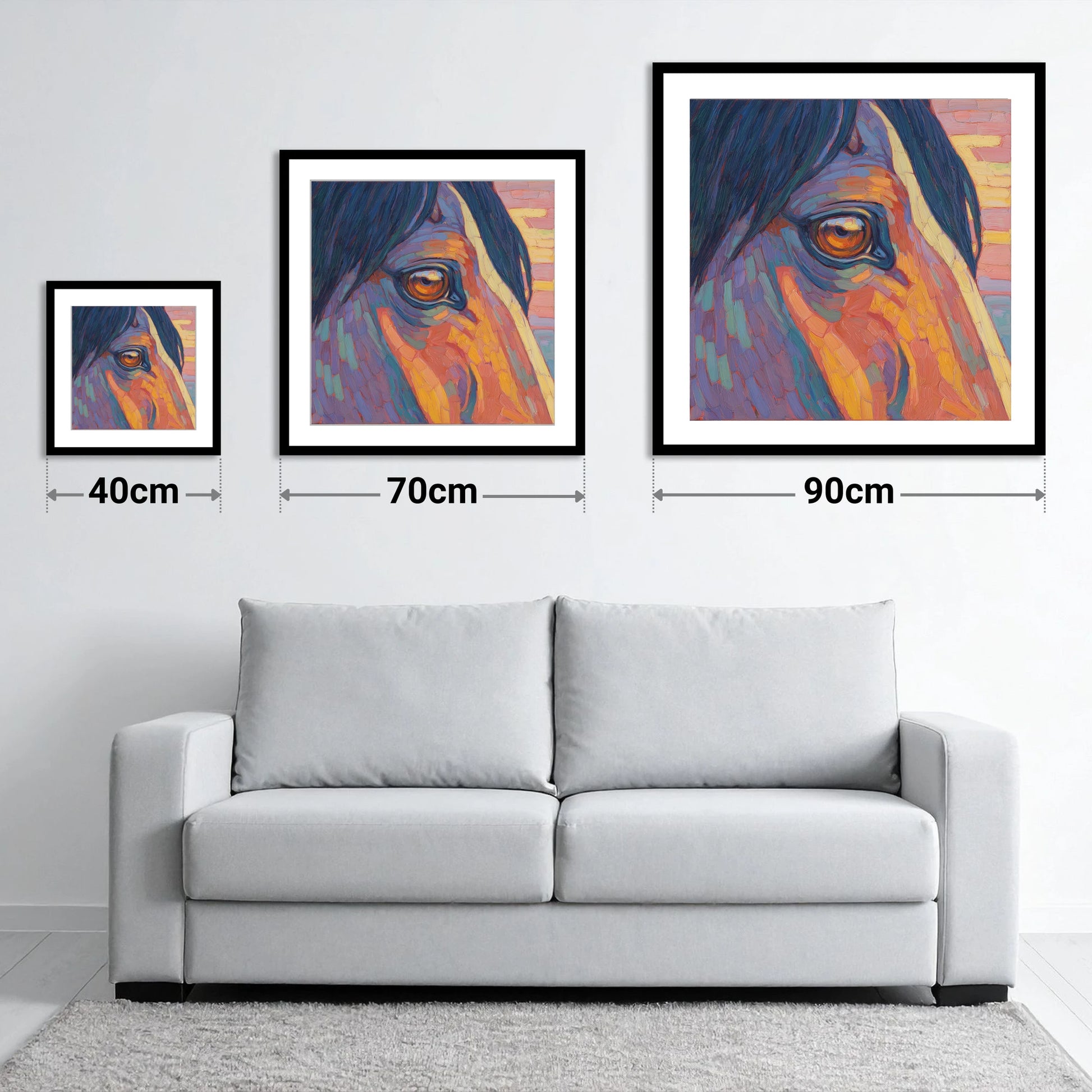 The Vivid Gaze - size guide showing 40cm, 70cm and 90cm art prints