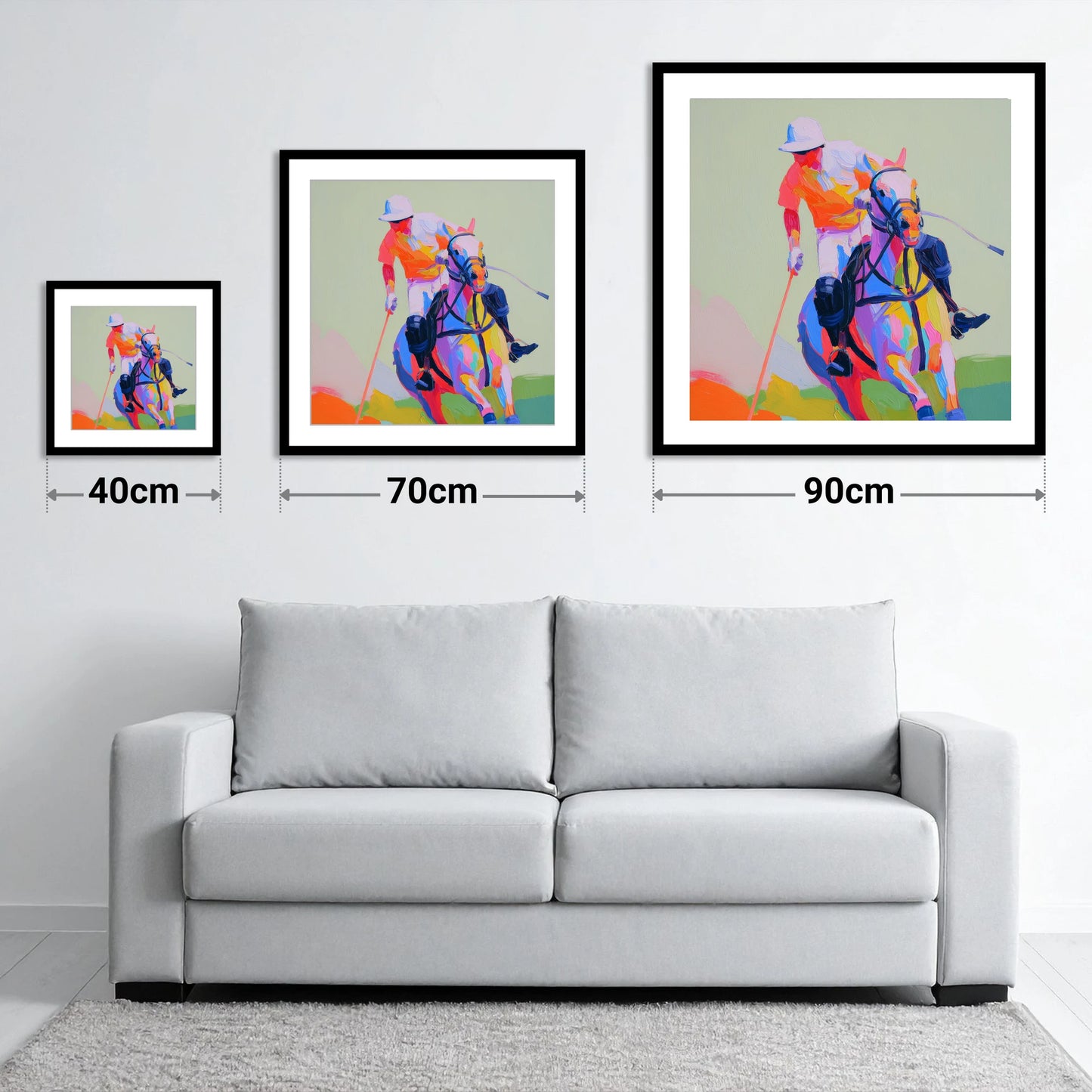 Technicolour Drive - size guide showing 40cm, 70cm and 90cm art prints