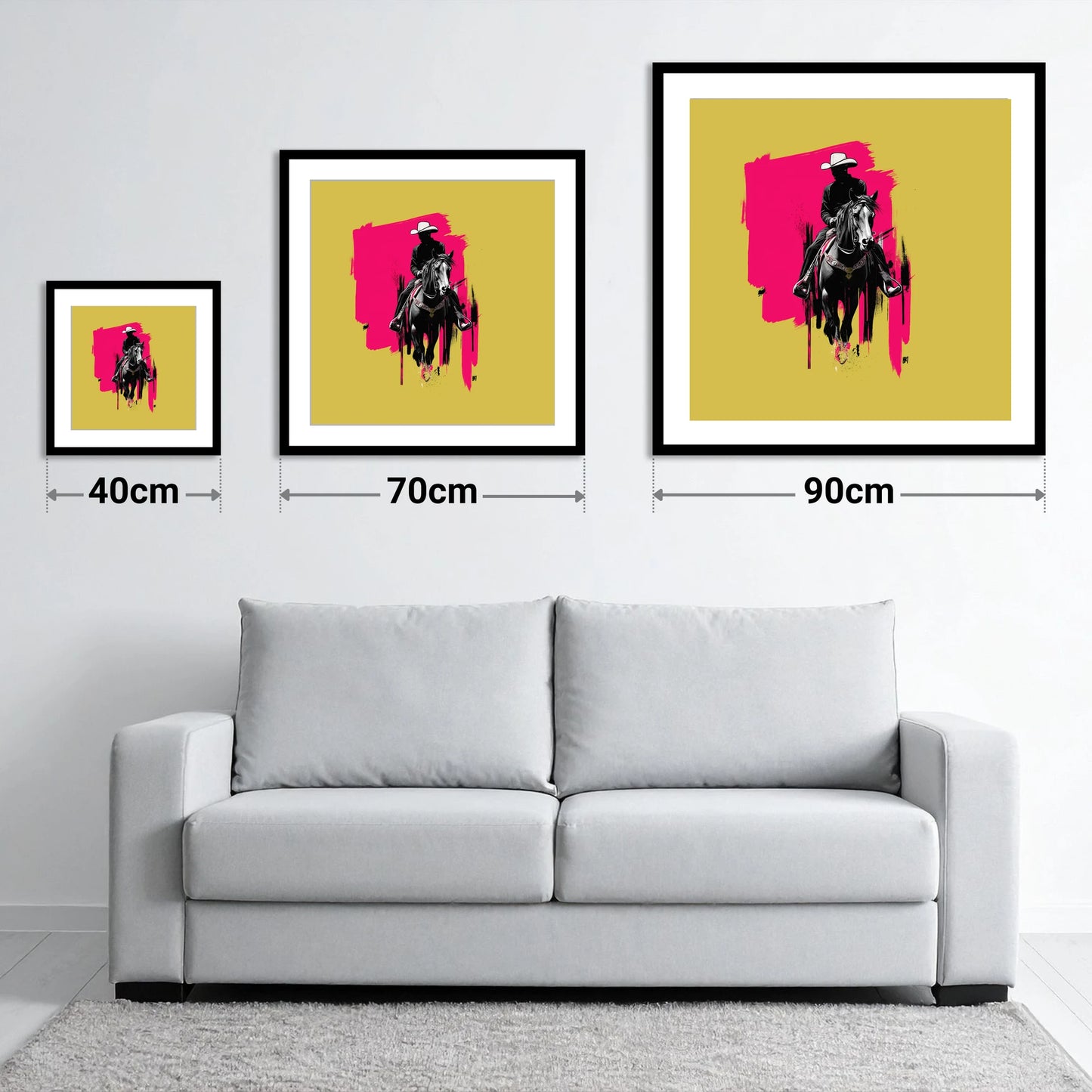 Magenta High Noon - size guide showing 40cm, 70cm and 90cm art prints