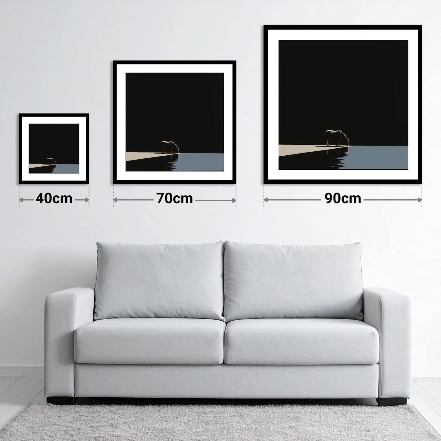 Edge of Stillness - size guide showing 40cm, 70cm and 90cm art prints