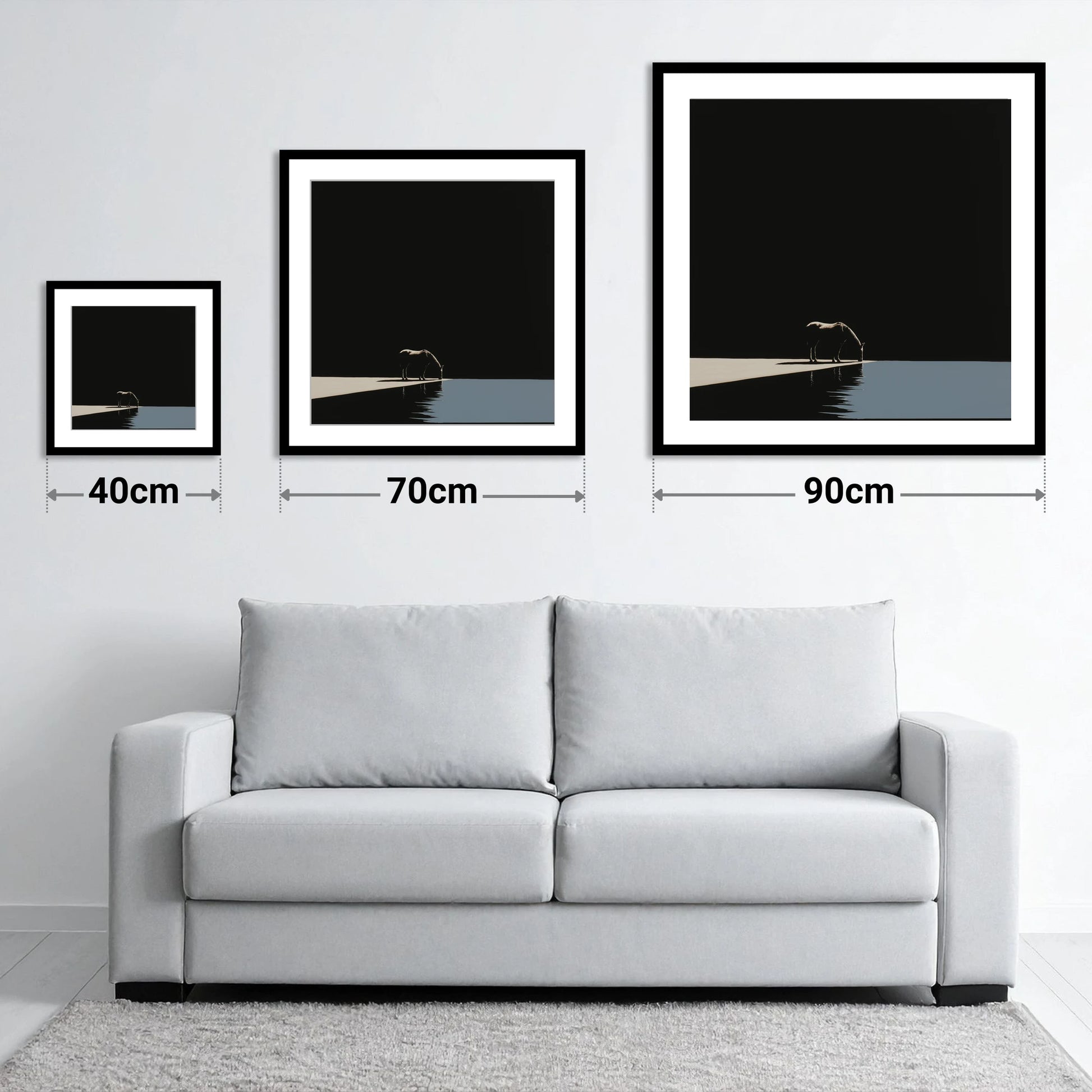 Edge of Stillness - size guide showing 40cm, 70cm and 90cm art prints