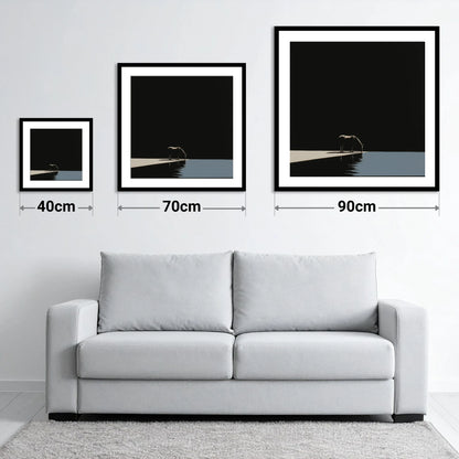 Edge of Stillness - size guide showing 40cm, 70cm and 90cm art prints