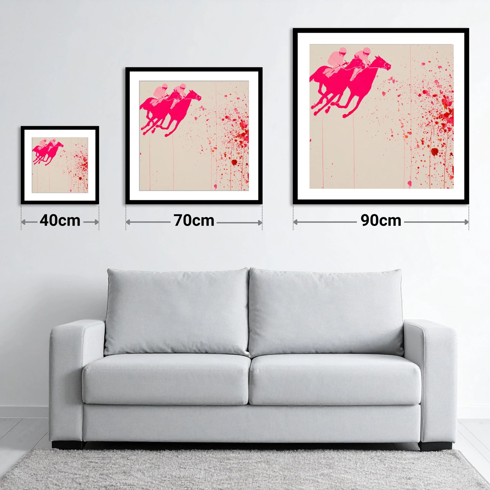 Vibrant Photo Finish - size guide showing 40cm, 70cm and 90cm art prints