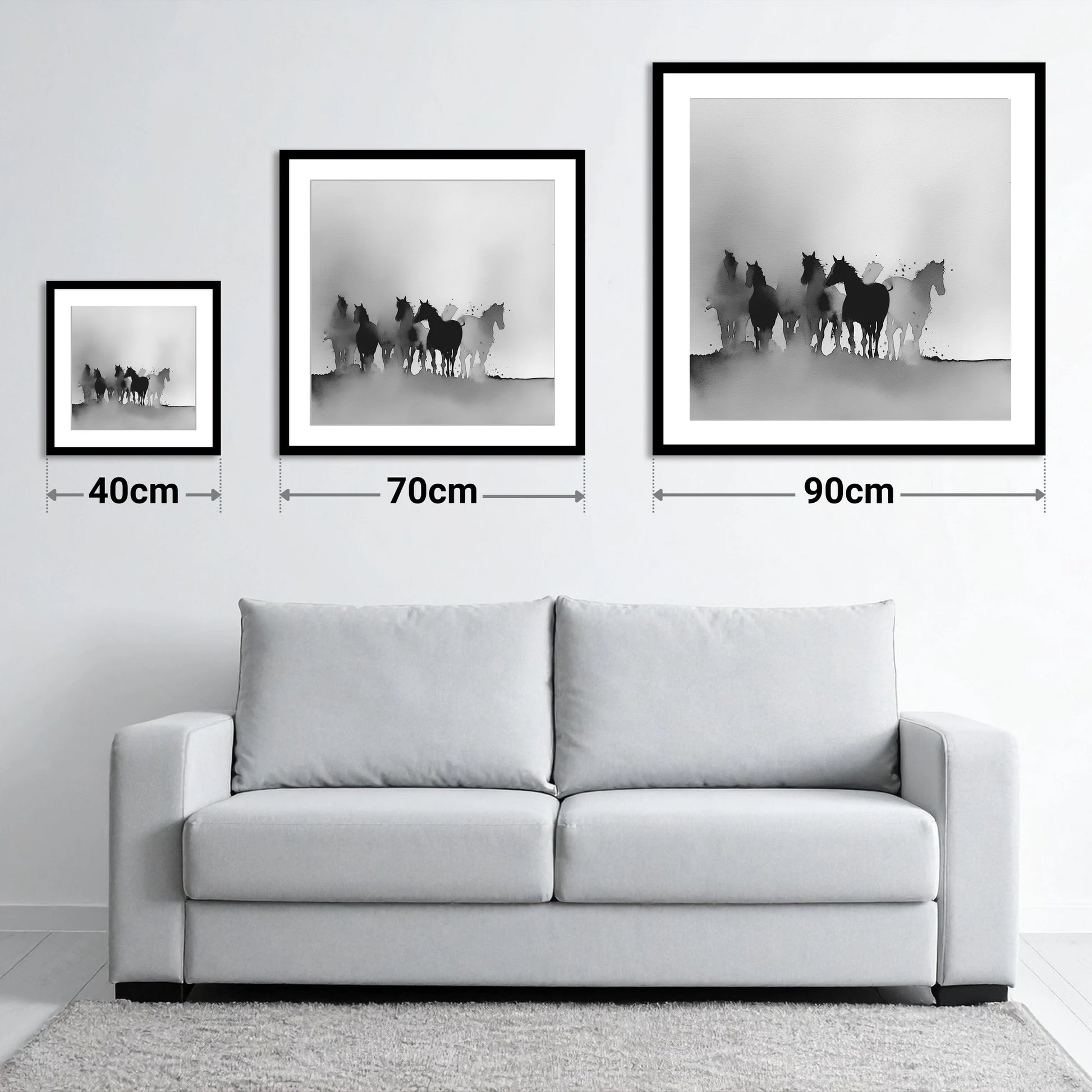 Ethereal Herd Silhouettes - size guide showing 40cm, 70cm and 90cm art prints