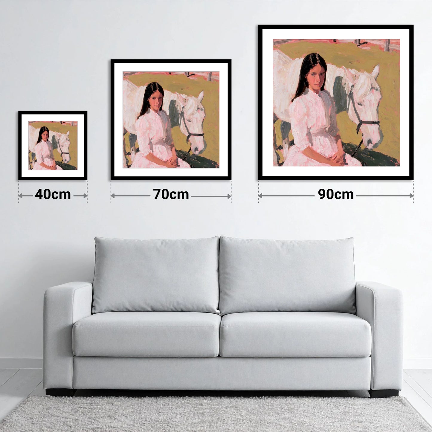 Pastel Companionship - size guide showing 40cm, 70cm and 90cm art prints