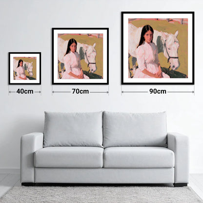 Pastel Companionship - size guide showing 40cm, 70cm and 90cm art prints