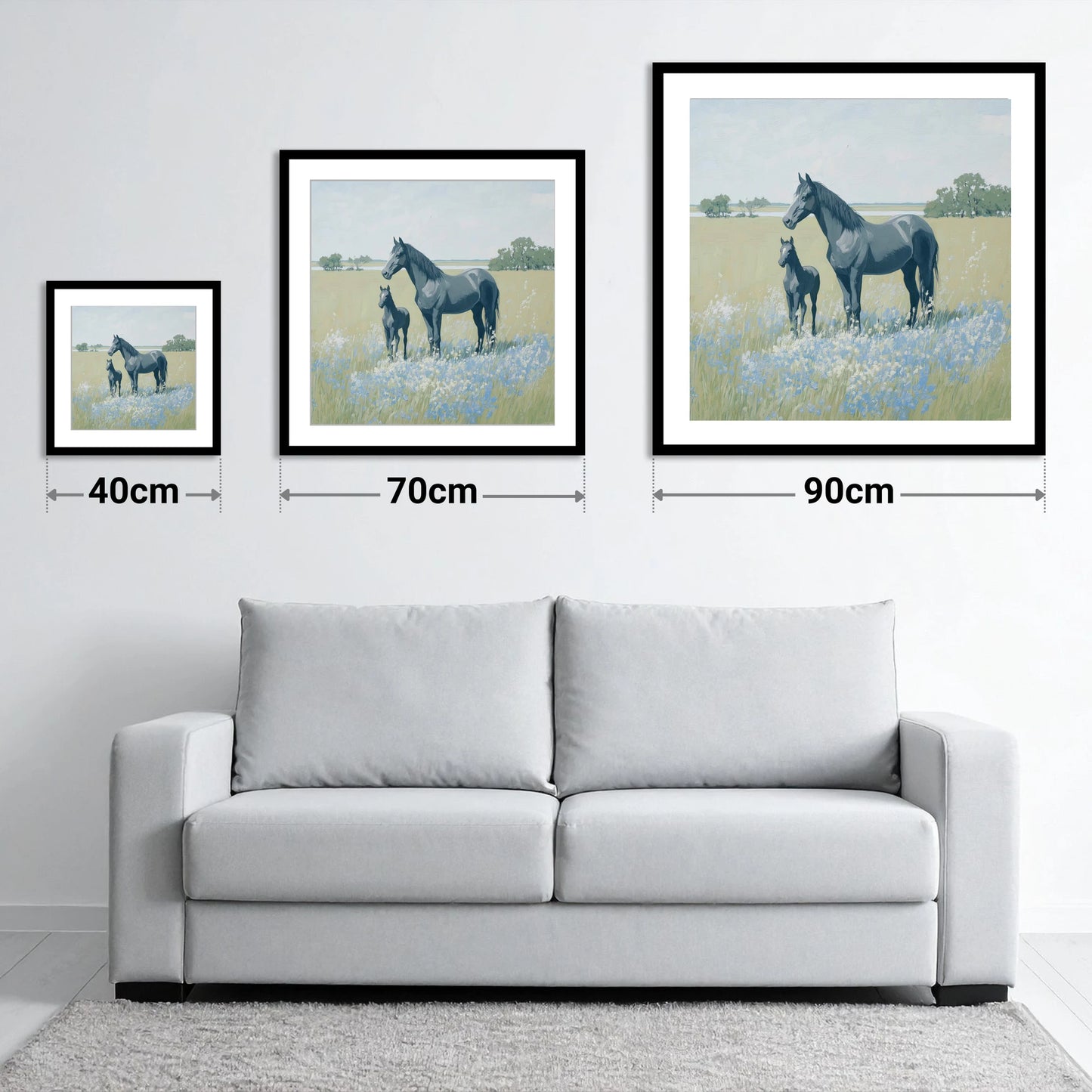Slate Grey Summer Pasture - size guide showing 40cm, 70cm and 90cm art prints