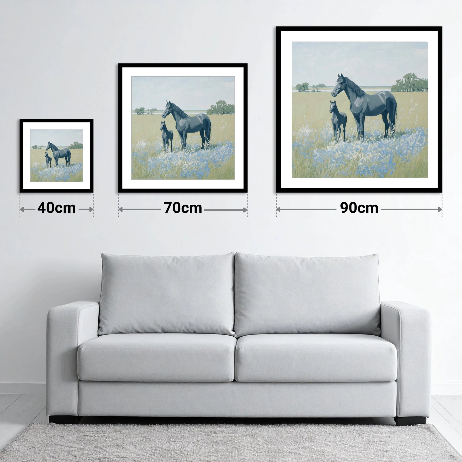 Slate Grey Summer Pasture - size guide showing 40cm, 70cm and 90cm art prints