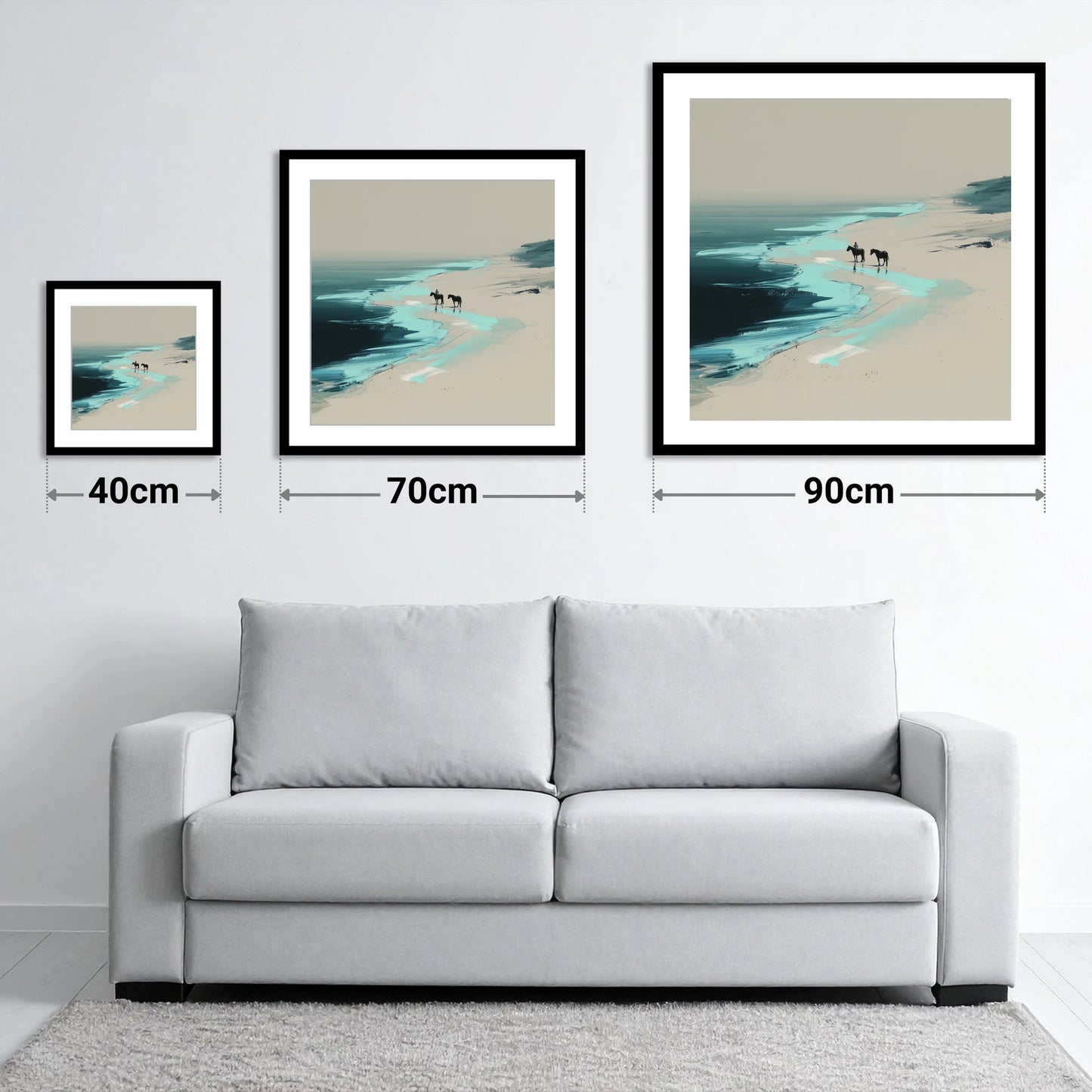 Edge of the Tide - size guide showing 40cm, 70cm and 90cm art prints