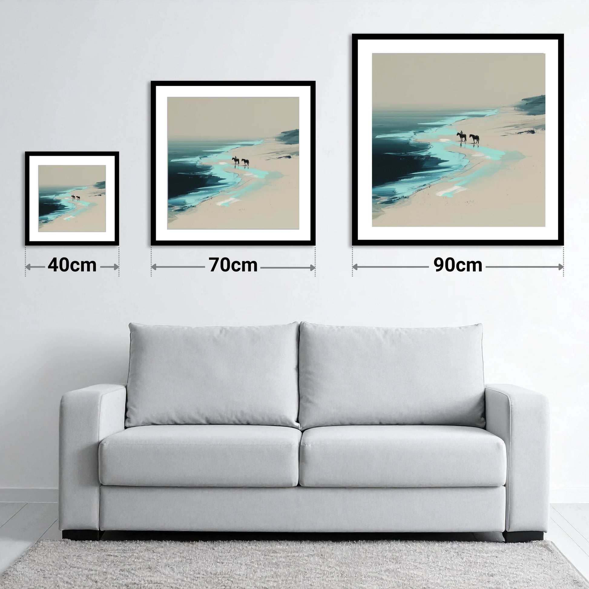 Edge of the Tide - size guide showing 40cm, 70cm and 90cm art prints