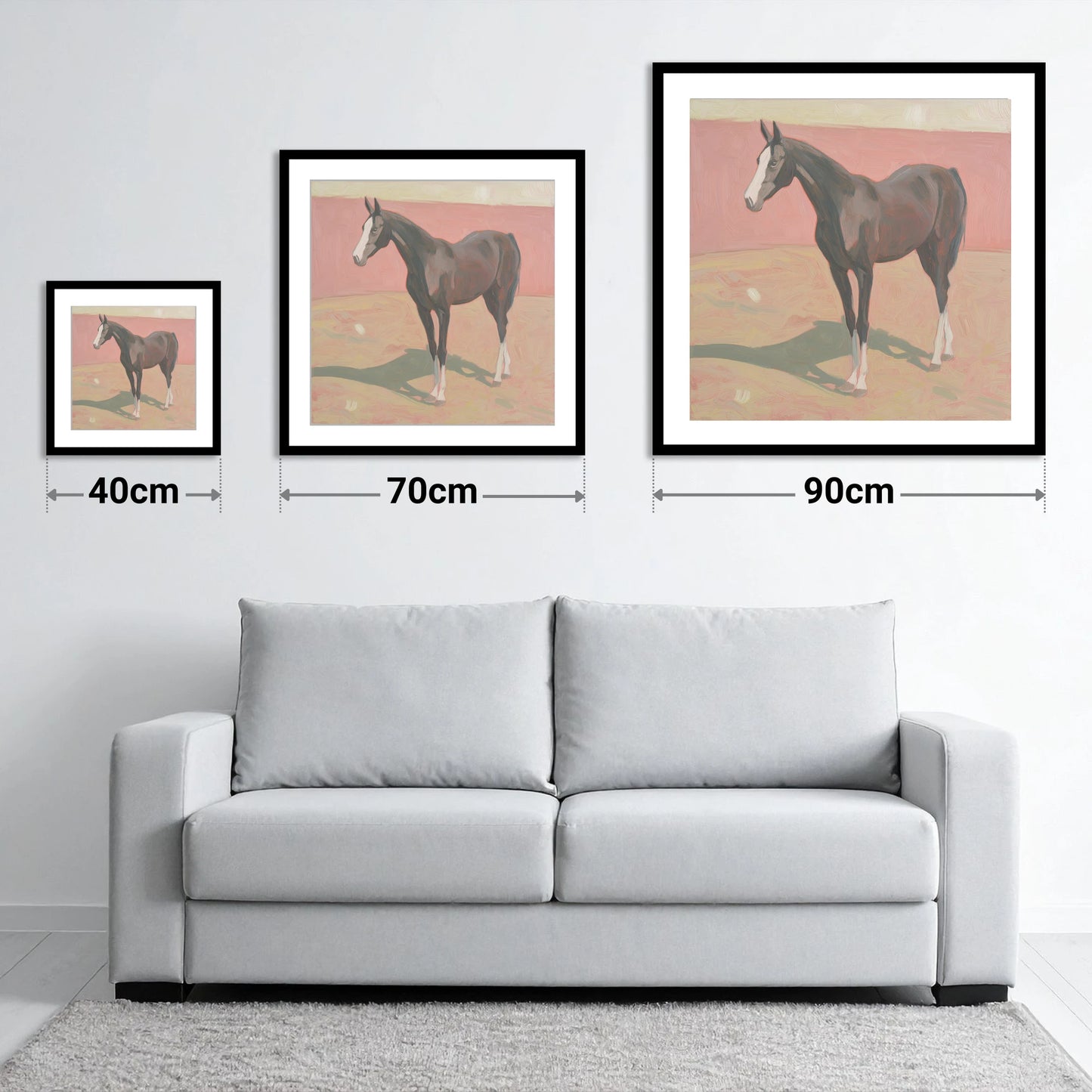 Quiet Grace in Pastel - size guide showing 40cm, 70cm and 90cm art prints