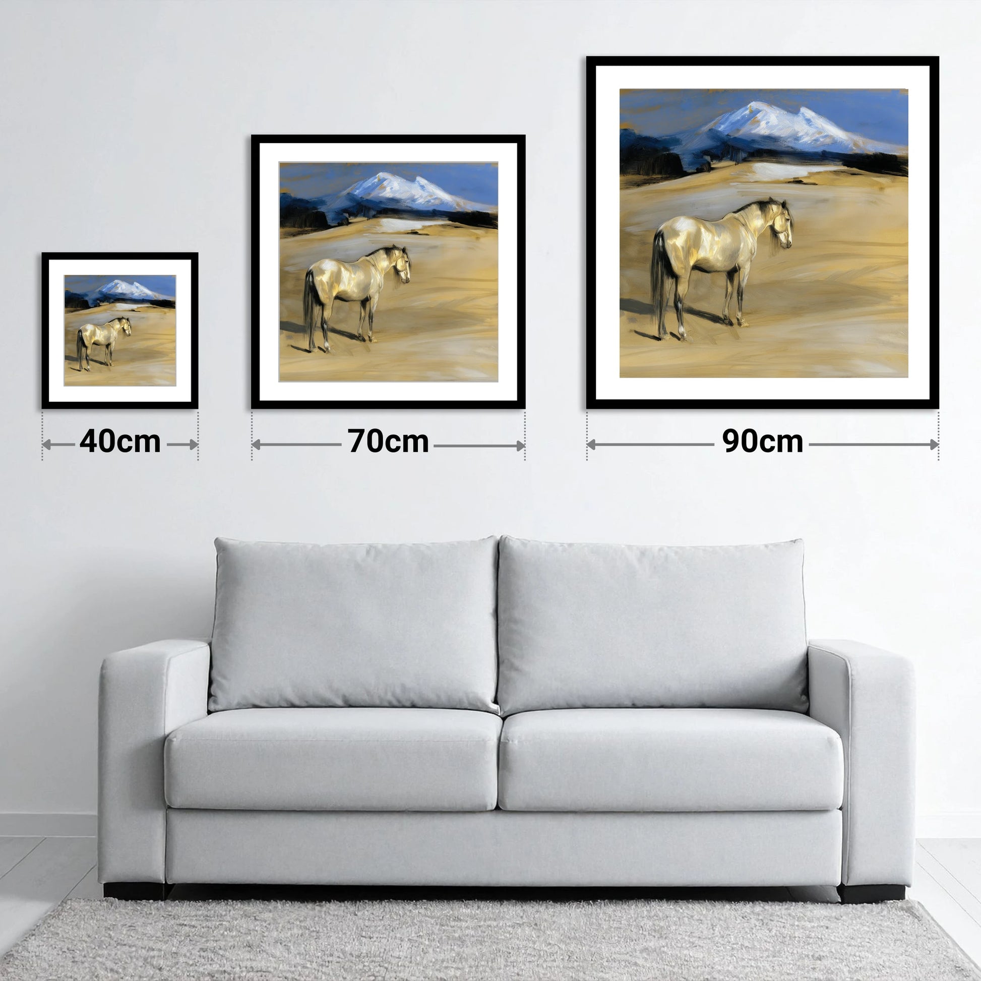 Mountain Sentinel - size guide showing 40cm, 70cm and 90cm art prints