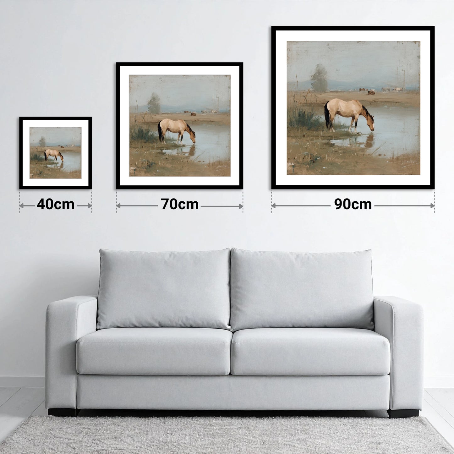 Buckskin by the Shallows - size guide showing 40cm, 70cm and 90cm art prints