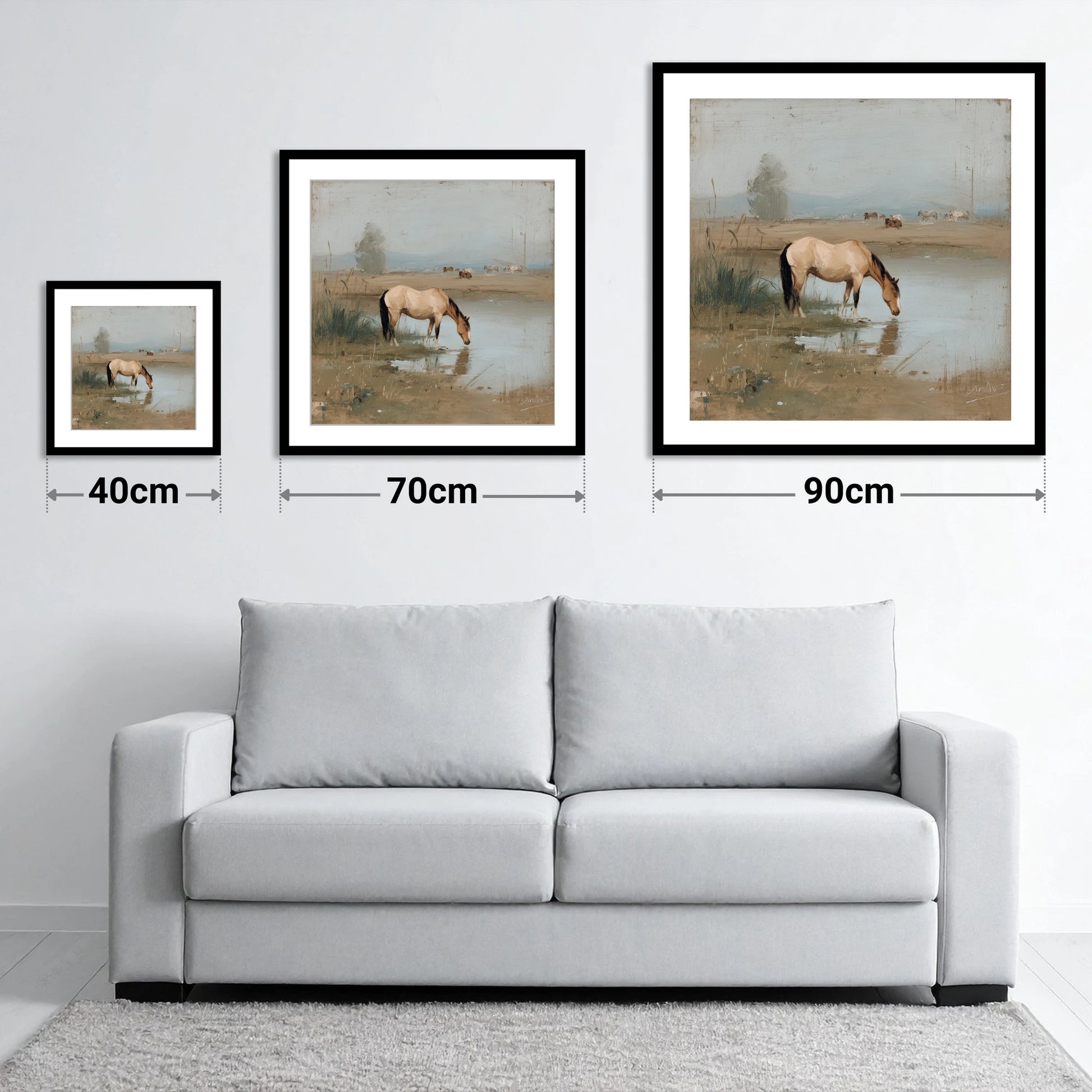Buckskin by the Shallows - size guide showing 40cm, 70cm and 90cm art prints