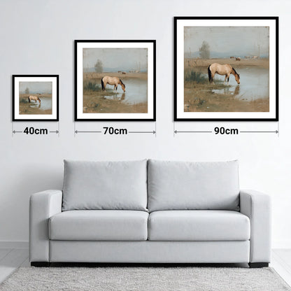 Buckskin by the Shallows - size guide showing 40cm, 70cm and 90cm art prints