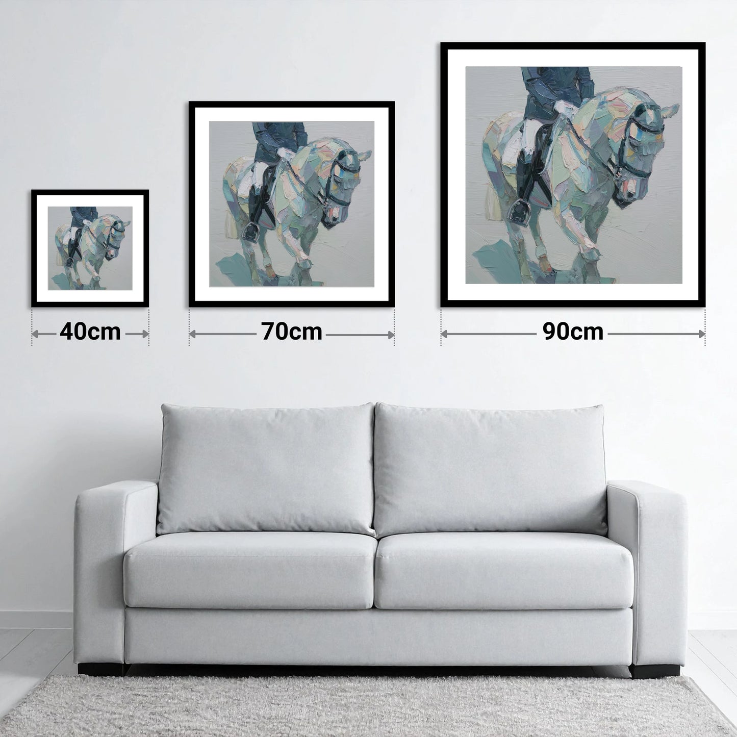 Collected In Pastel - size guide showing 40cm, 70cm and 90cm art prints