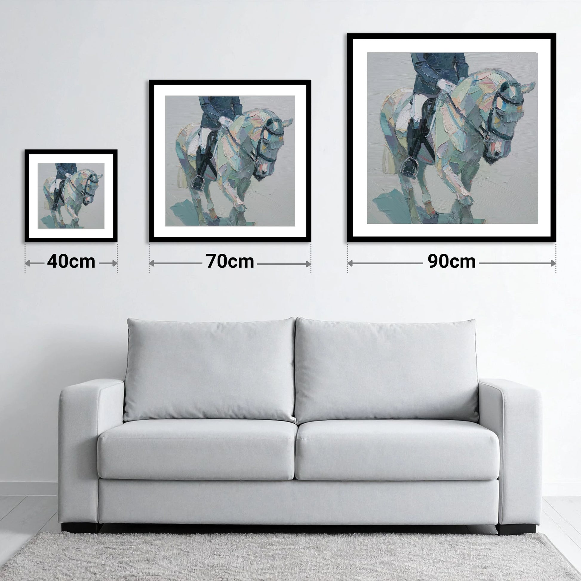 Collected In Pastel - size guide showing 40cm, 70cm and 90cm art prints