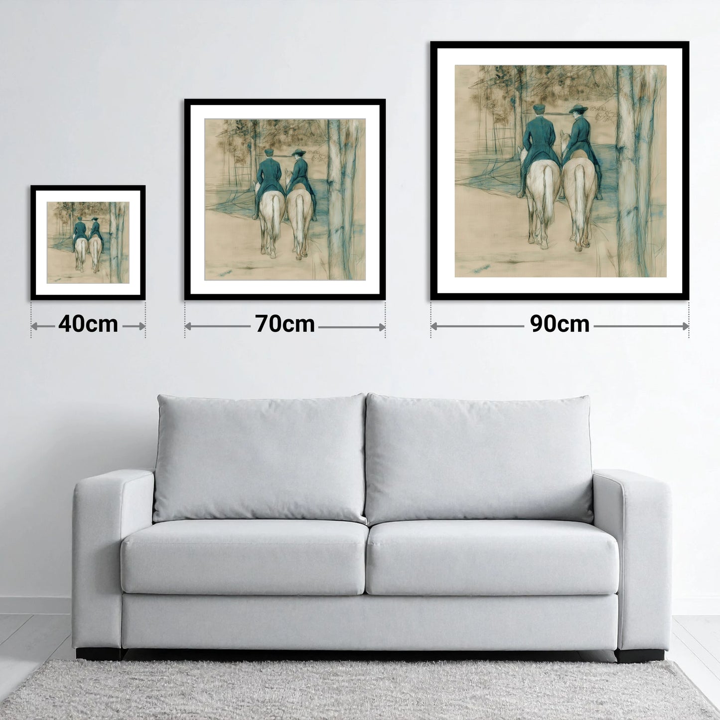 The Woodland Hack - size guide showing 40cm, 70cm and 90cm art prints