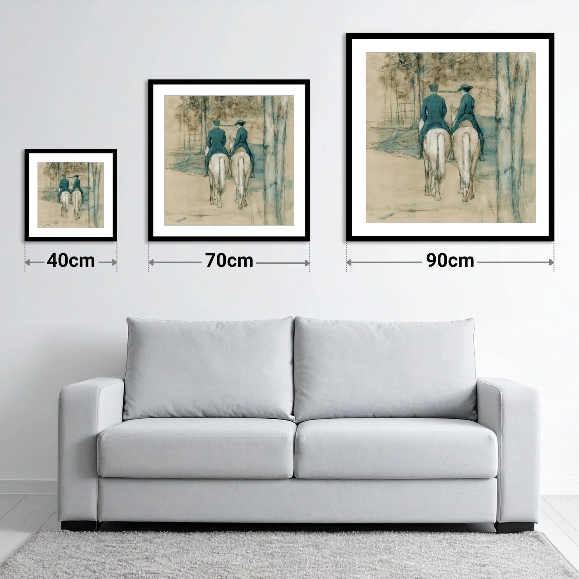 The Woodland Hack - size guide showing 40cm, 70cm and 90cm art prints