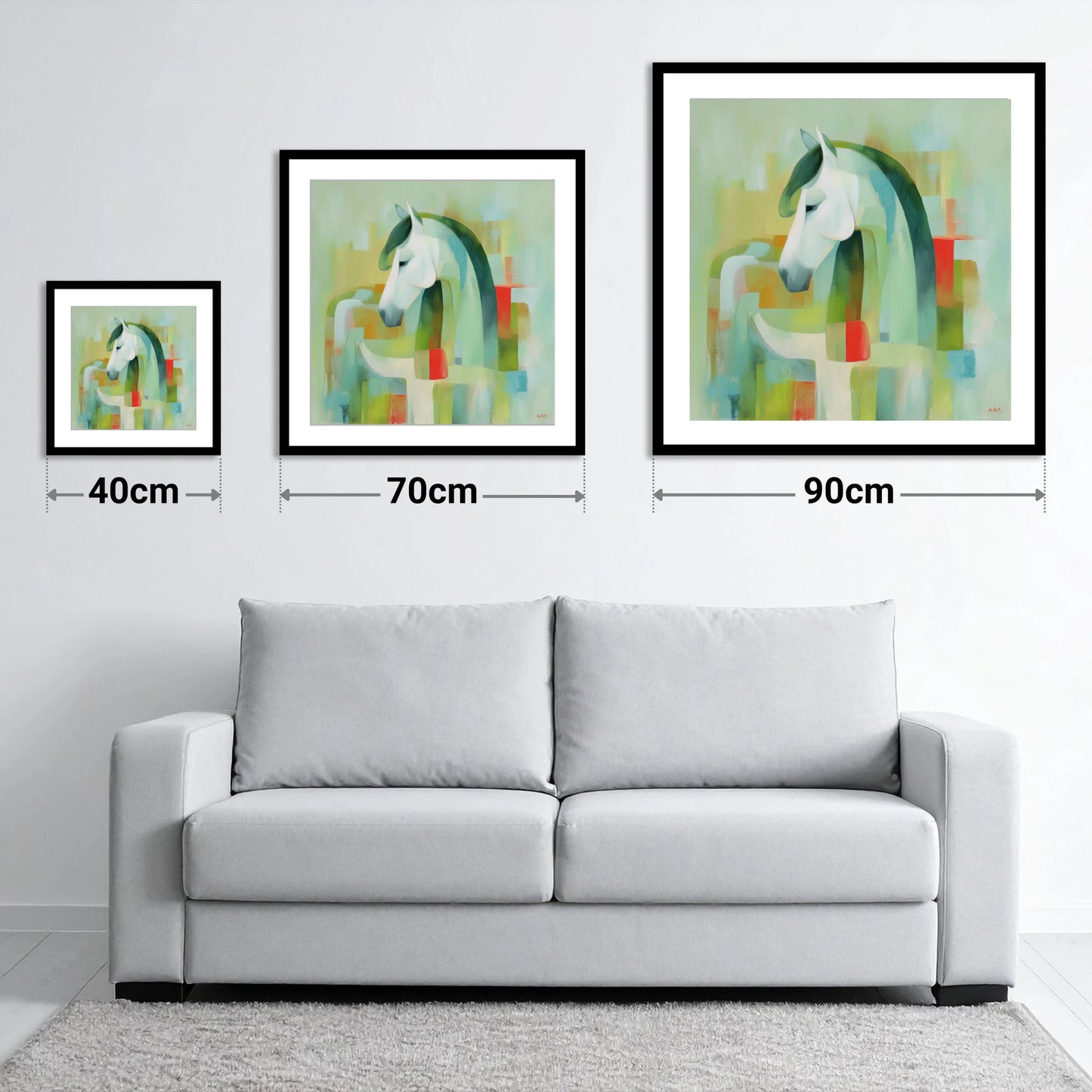 Modernist Mint Profile - size guide showing 40cm, 70cm and 90cm art prints