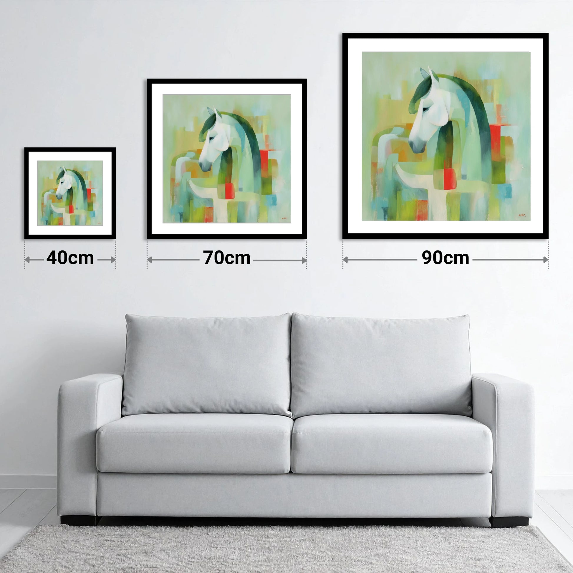 Modernist Mint Profile - size guide showing 40cm, 70cm and 90cm art prints