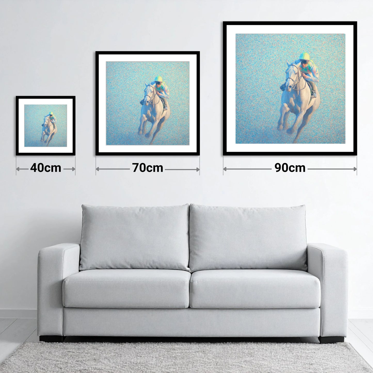 Luminous Gallop - size guide showing 40cm, 70cm and 90cm art prints