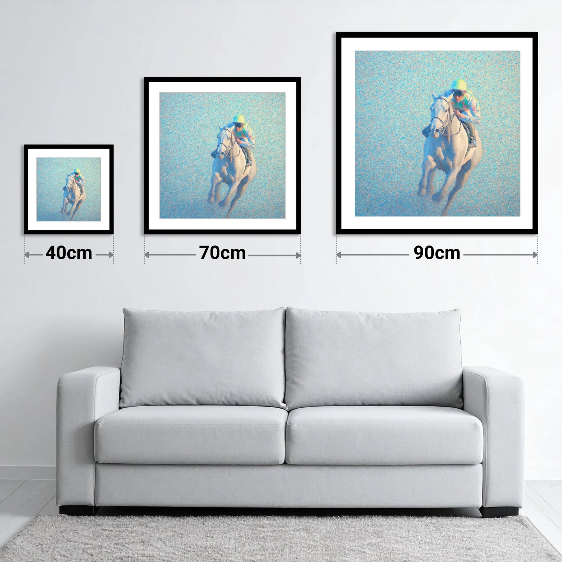 Luminous Gallop - size guide showing 40cm, 70cm and 90cm art prints