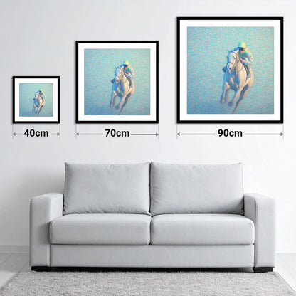 Luminous Gallop - size guide showing 40cm, 70cm and 90cm art prints