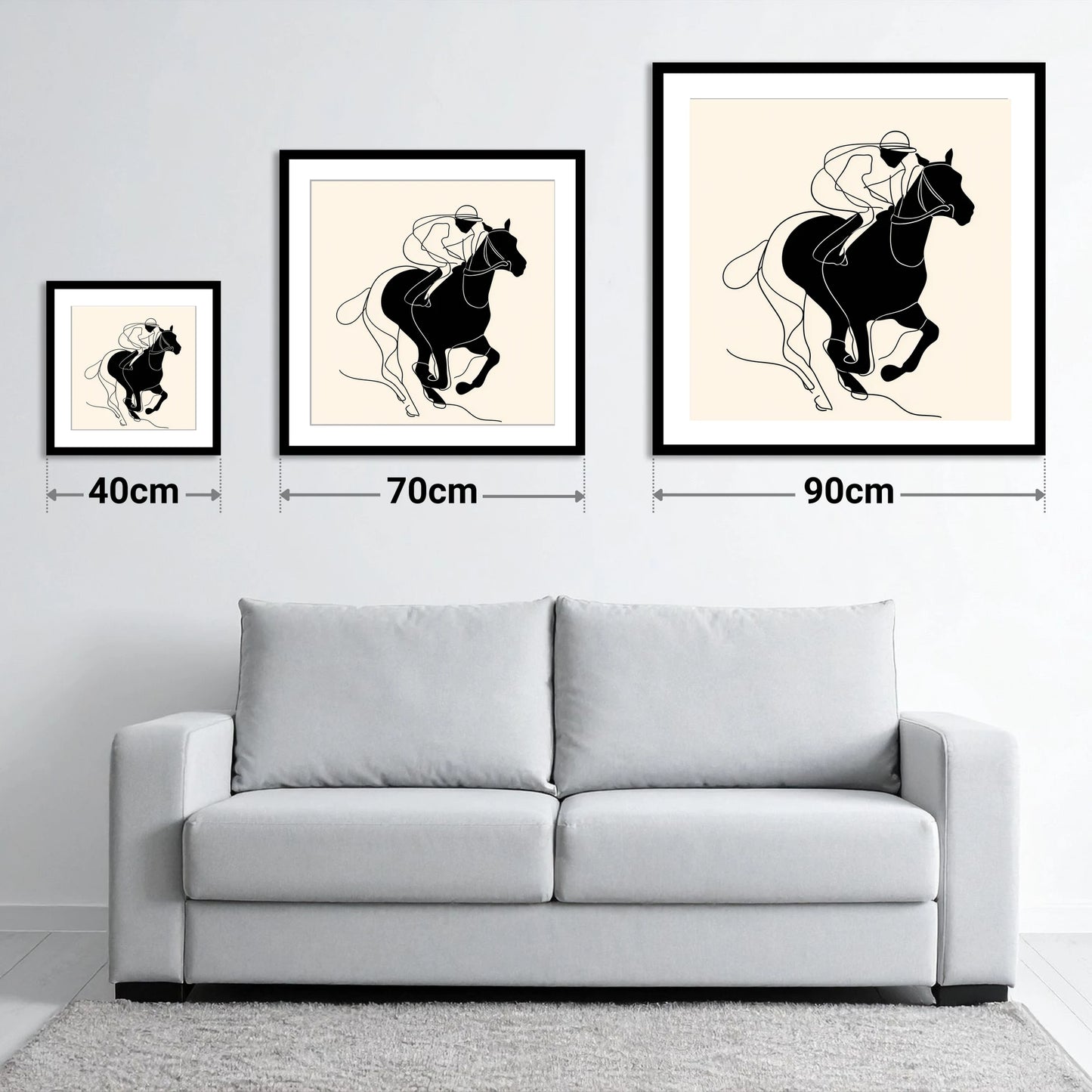 The Final Furlong - size guide showing 40cm, 70cm and 90cm art prints