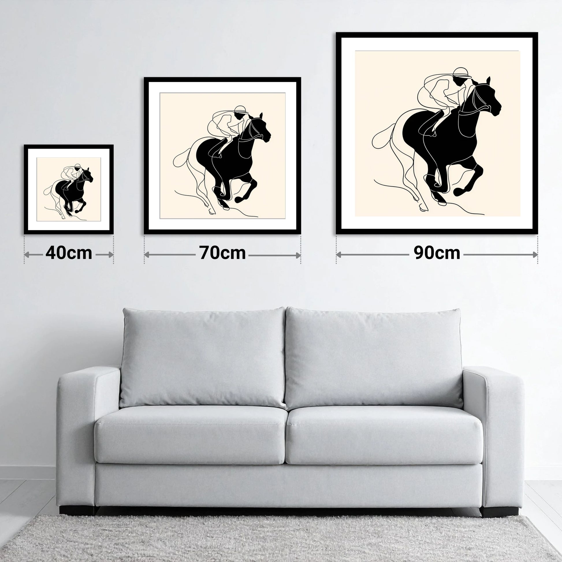 The Final Furlong - size guide showing 40cm, 70cm and 90cm art prints