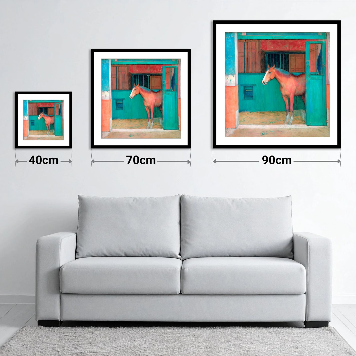 The Emerald Stable Door - size guide showing 40cm, 70cm and 90cm art prints